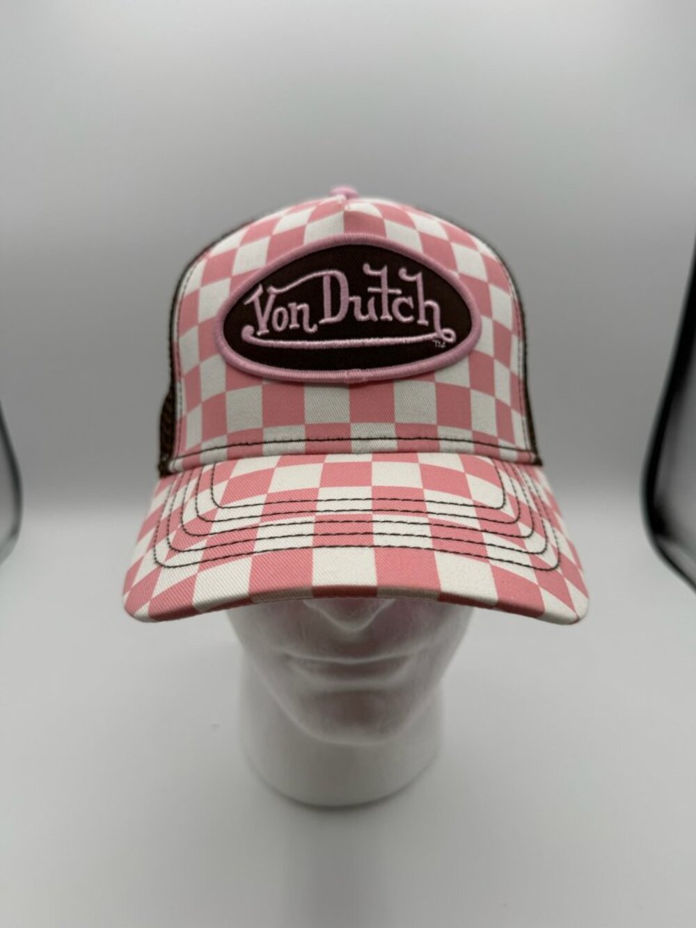 Von Dutch Women's Pink Checkerboard Trucker Hat Mesh Snapback One Size NWT